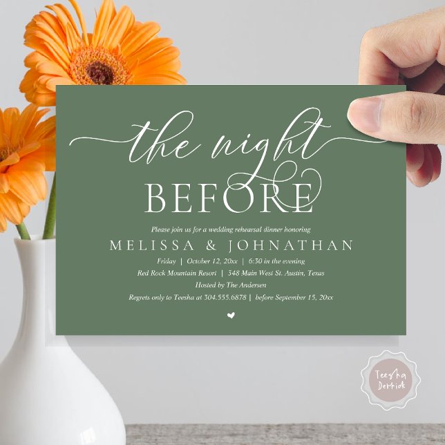Vorabend, klassisches Hochzeitessen Probe Einladung (The Night Before, Modern Wedding Rehearsal Dinner Romance Invitation Card, PDF, Forest Sage Green)