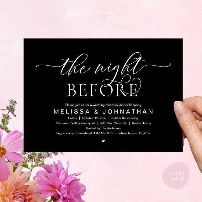Vorabend, klassisches Hochzeitessen Probe Einladung (The Night Before, Classy Modern Wedding Rehearsal Dinner Invitation Card PDF Classy Black White)
