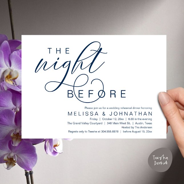 Vorabend, klassisches Hochzeitessen Probe Einladung (The Night Before, Classy Romantic Wedding Rehearsal Dinner Invitation Card PDF Modern Navy Blue)