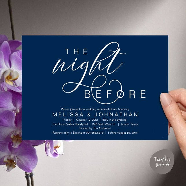 Vorabend, klassisches Hochzeitessen Probe Einladung (The Night Before, Classy Romantic Wedding Rehearsal Dinner Invitation Card PDF Modern Navy Blue)