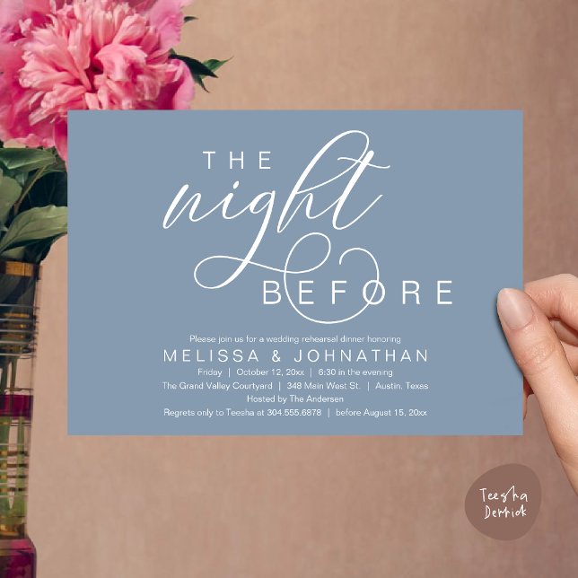 Vorabend, klassisches Hochzeitessen Probe Einladung (The Night Before, Classy Romantic Wedding Rehearsal Dinner Invitation Card PDF Modern Dusty Blue)