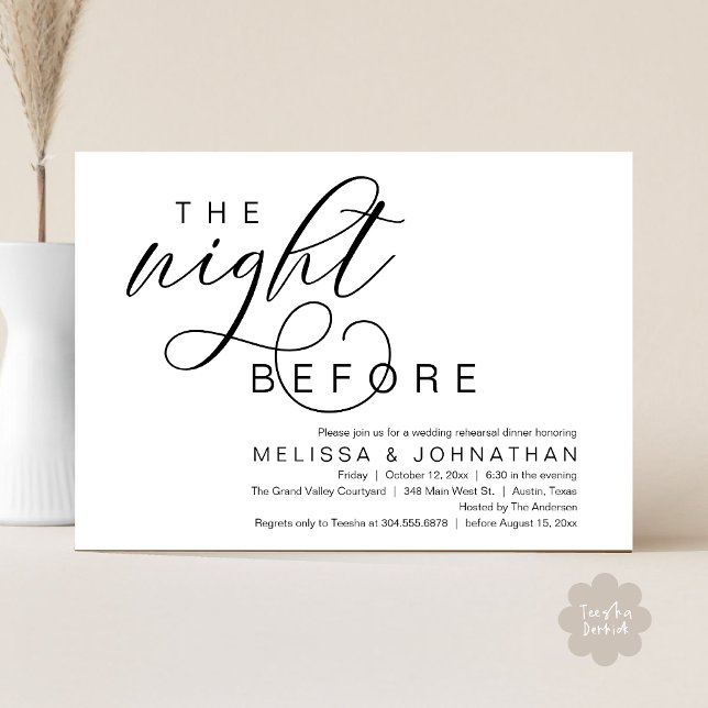 Vorabend, klassisches Hochzeitessen Probe Einladung (The Night Before, Classy Romantic Wedding Rehearsal Dinner Invitation Card PDF Modern White Black)
