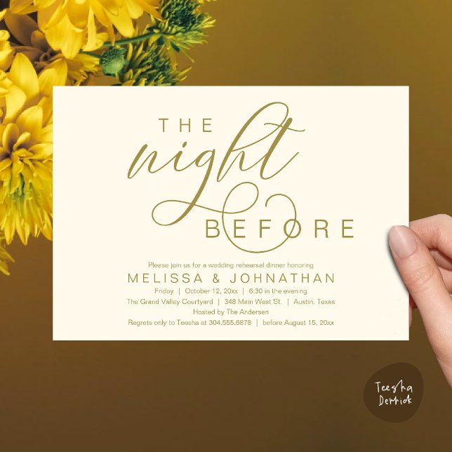 Vorabend, klassisches Hochzeitessen Probe Einladung (The Night Before, Classy Romantic Wedding Rehearsal Dinner Invitation Card PDF Modern Yellow Gold)