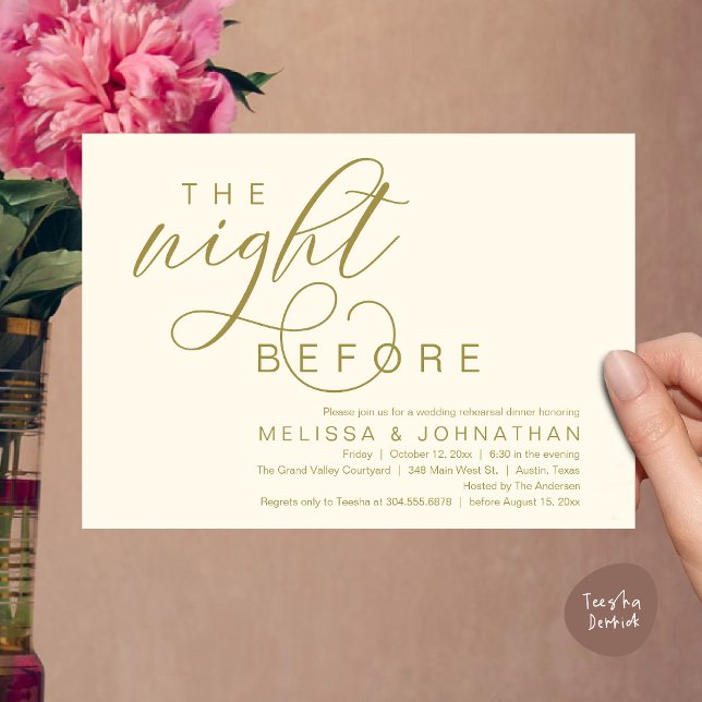 Vorabend, klassisches Hochzeitessen Probe Einladung (The Night Before, Classy Romantic Wedding Rehearsal Dinner Invitation Card PDF Modern Yellow Gold)
