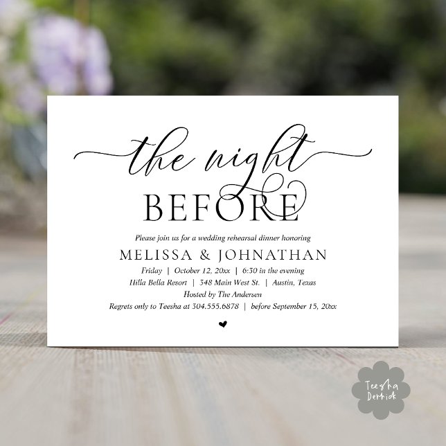 Vorabend, klassisches Hochzeitessen Probe Einladung (The Night Before, Classy Wedding Rehearsal Dinner Invitation Card PDF Romantic White Black)