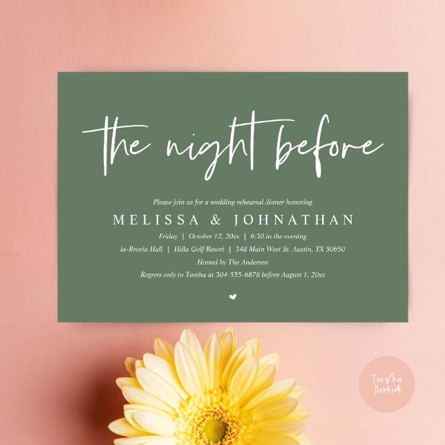 Vorabend, Modernes Hochzeitsessen Probe Einladung (The Night Before Wedding Rehearsal Dinner Invitation Card, PDF, Modern Minimalist Classy Forest Sage)