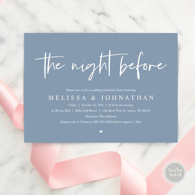 Vorabend, Modernes Hochzeitsessen Probe Einladung (The Night Before Wedding Rehearsal Dinner Invitation Card, PDF, Modern Minimalist Dusty Blue)