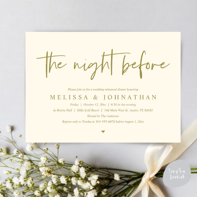 Vorabend, Modernes Hochzeitsessen Probe Einladung (The Night Before Wedding Rehearsal Dinner Invitation Card, PDF, Modern Minimalist Yellow Gold)