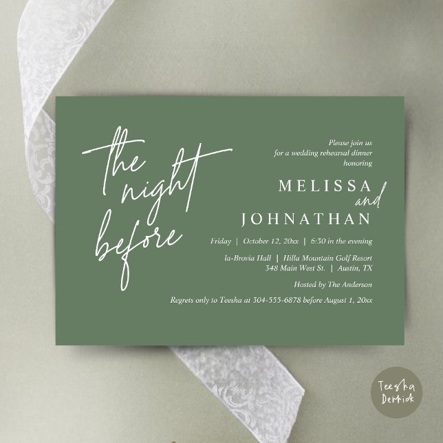 Vorabend, Modernes Hochzeitsessen Probe Einladung (The Night Before, Modern Wedding Rehearsal Dinner Modern Invitation Card, PDF, in Forest Sage Green)