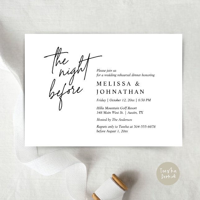 Vorabend, Modernes Hochzeitsessen Probe Einladung (The Night Before, Modern Wedding Rehearsal Dinner Modern Invitation Card, PDF, in Black and White)
