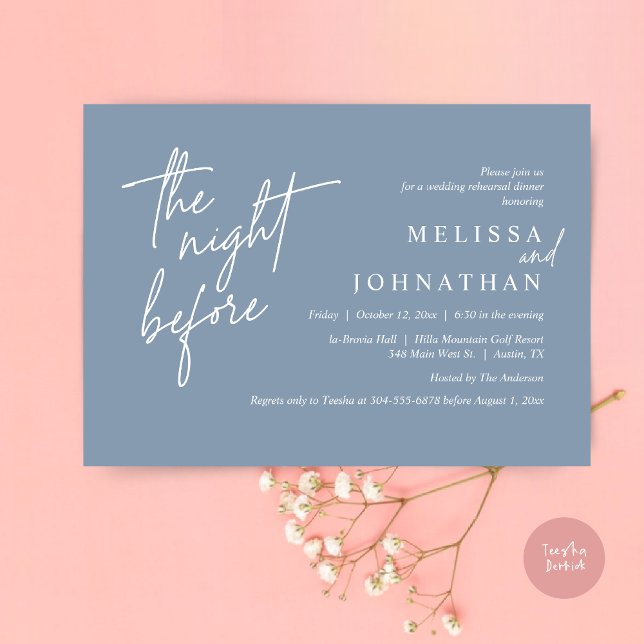Vorabend, Modernes Hochzeitsessen Probe Einladung (The Night Before, Modern Wedding Rehearsal Dinner Modern Invitation Card, PDF, in Dusty Blue)