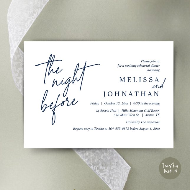 Vorabend, Modernes Hochzeitsessen Probe Einladung (The Night Before, Modern Wedding Rehearsal Dinner Modern Invitation Card, PDF, in Navy Blue)