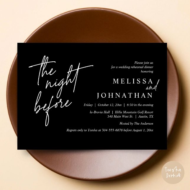 Vorabend, Modernes Hochzeitsessen Probe Einladung (The Night Before, Modern Wedding Rehearsal Dinner Modern Invitation Card, PDF, in Classy Black)