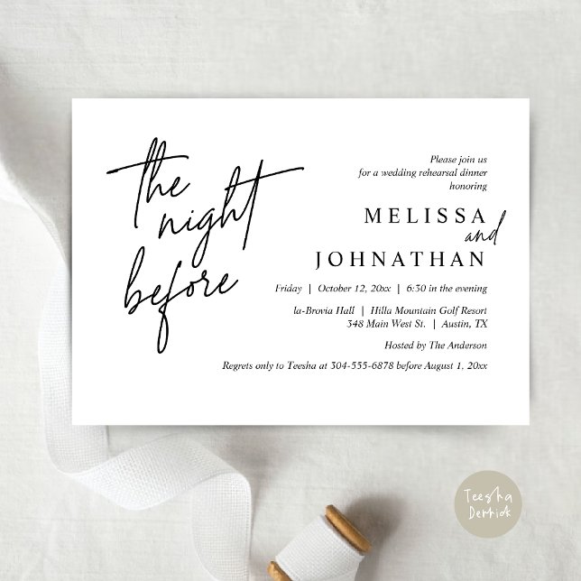 Vorabend, Modernes Hochzeitsessen Probe Einladung (The Night Before, Modern Wedding Rehearsal Dinner Modern Invitation Card, PDF, in Black and White)