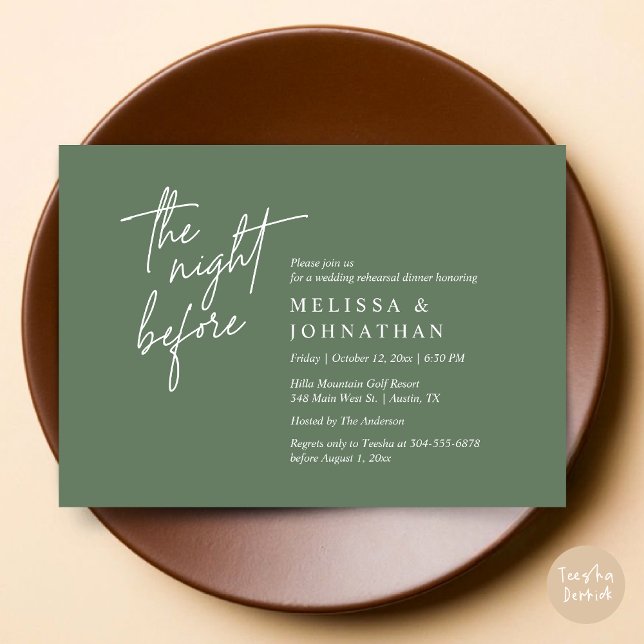Vorabend, Modernes Hochzeitsessen Probe Einladung (The Night Before, Modern Wedding Rehearsal Dinner Modern Invitation Card, PDF, in Forest Sage Green)