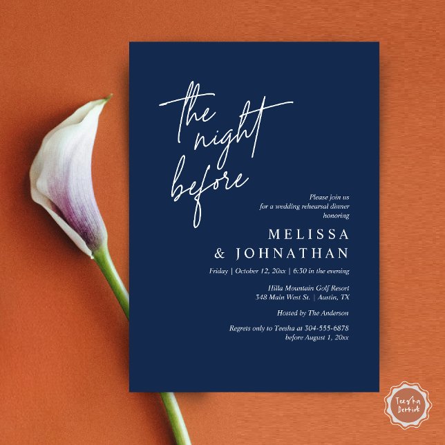 Vorabend, Modernes Hochzeitsessen Probe Einladung (The Night Before, Modern Wedding Rehearsal Dinner Modern Invitation Card, PDF, in Navy Blue)