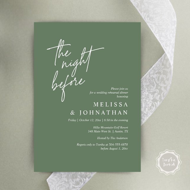 Vorabend, Modernes Hochzeitsessen Probe Einladung (The Night Before, Modern Wedding Rehearsal Dinner Modern Invitation Card, PDF, in Forest Sage Green)