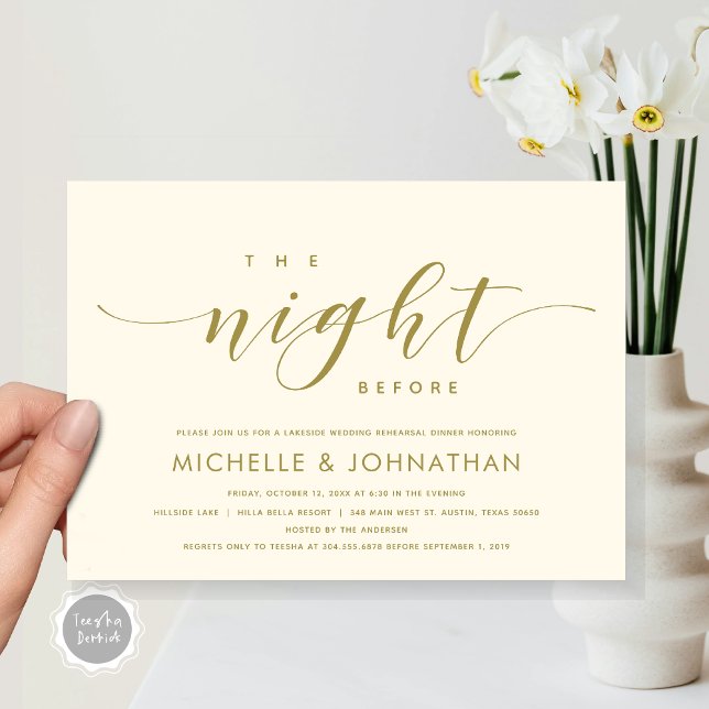 Vorabend, Modernes Hochzeitsessen Probe Einladung (The Night Before, Modern Wedding Rehearsal Dinner Invitation Card, Printed and File, in Gold.)