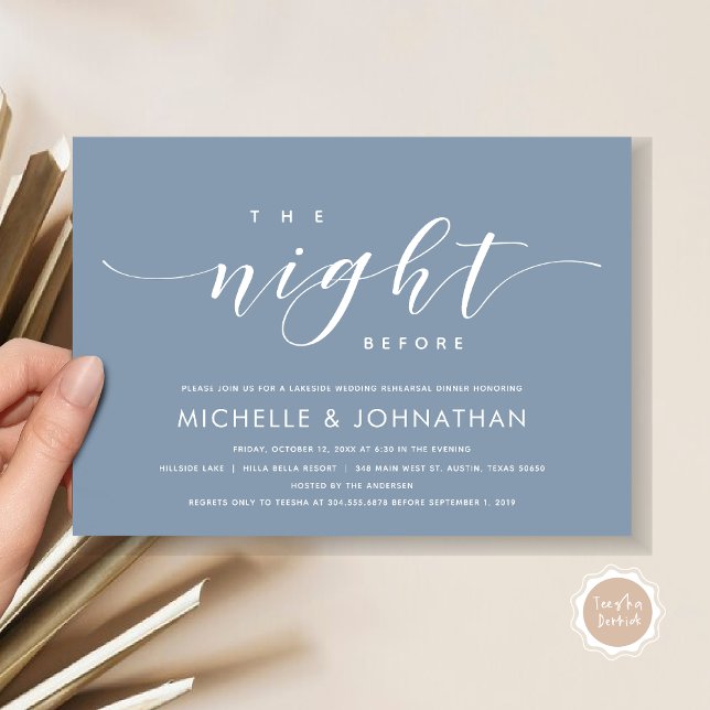 Vorabend, Modernes Hochzeitsessen Probe Einladung (The Night Before, Modern Wedding Rehearsal Dinner Invitation Card, in Dusty Blue)