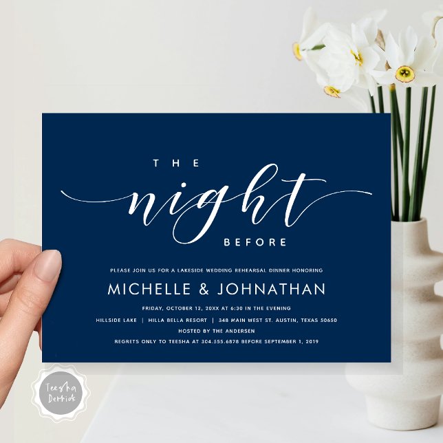 Vorabend, Modernes Hochzeitsessen Probe Einladung (The Night Before, Modern Wedding Rehearsal Dinner Invitation Card, Printed and File, in Navy Blue.)
