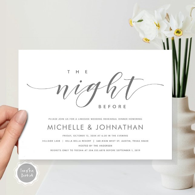 Vorabend, Modernes Hochzeitsessen Probe Einladung (The Night Before, Modern Wedding Rehearsal Dinner Invitation Card, Printed and File, in Dark Grey.)