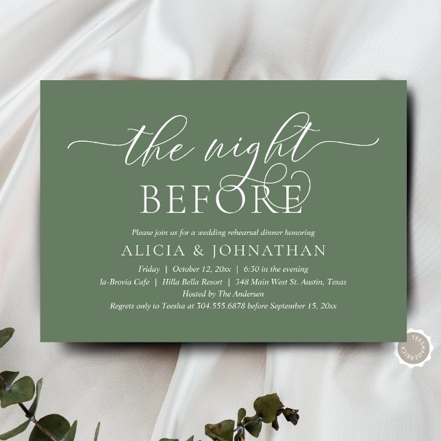 Vorabend, Modernes Hochzeitsessen Probe Einladung (The Night Before, Wedding Rehearsal Dinner Invitation Card, in Modern Rustic Sage Green Greenery)