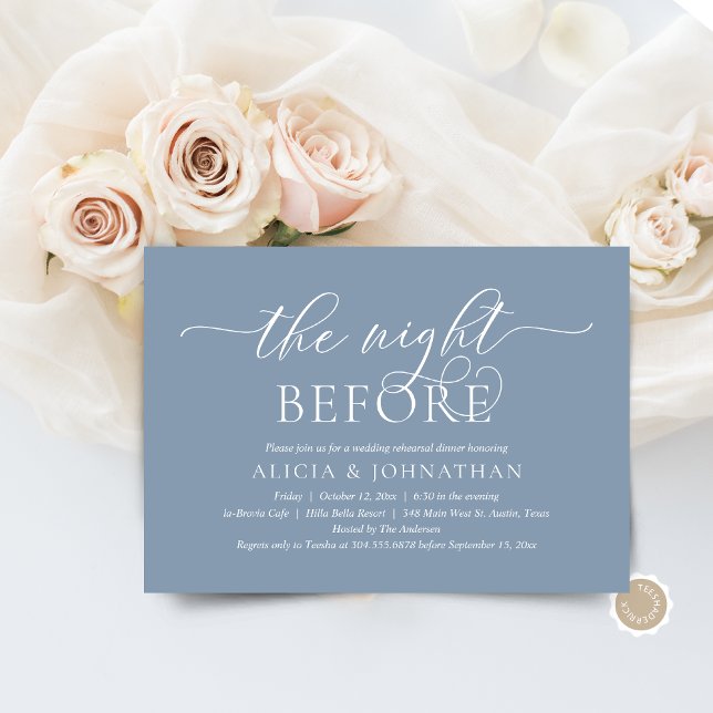 Vorabend, Modernes Hochzeitsessen Probe Einladung (The Night Before, Wedding Rehearsal Dinner  Invitation Card, in Modern Contemporary Dusty Blue theme)