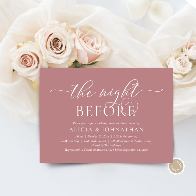 Vorabend, Modernes Hochzeitsessen Probe Einladung (The Night Before, Wedding Rehearsal Dinner  Invitation Card, in Modern Contemporary Dusty Rose )
