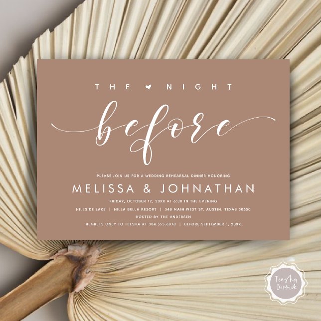 Vorabend, Modernes Hochzeitsessen Probe Einladung (The Night Before, Modern Wedding Rehearsal Dinner Invitation Card, PDF, in Neutral Taupe Earthy)