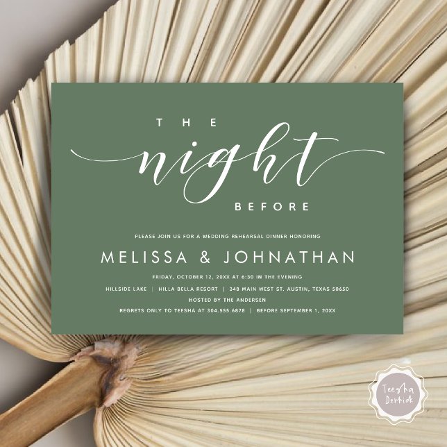 Vorabend, Modernes Hochzeitsessen Probe Einladung (The Night Before, Modern Wedding Rehearsal Dinner Invitation Card, PDF, in Forest Sage Green)