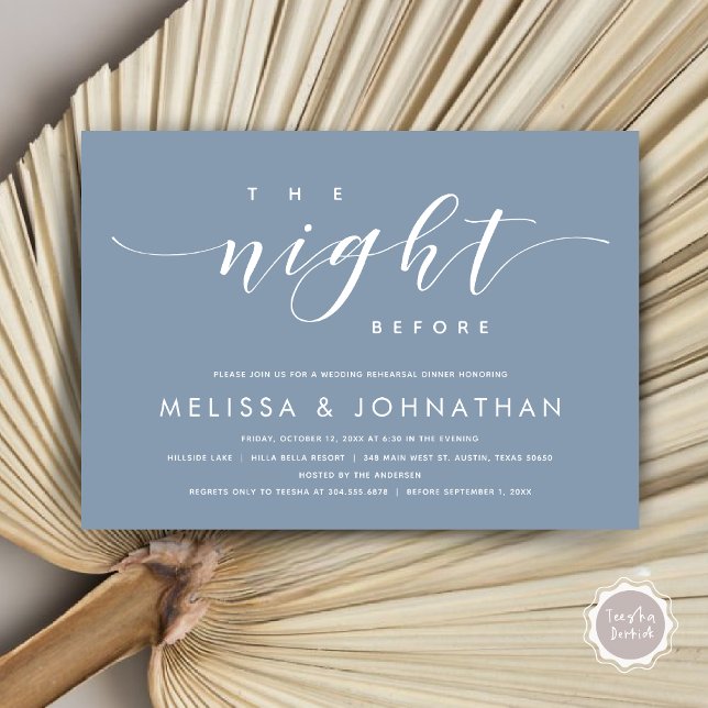 Vorabend, Modernes Hochzeitsessen Probe Einladung (The Night Before, Modern Wedding Rehearsal Dinner Invitation Card, PDF, in Dusty Blue)