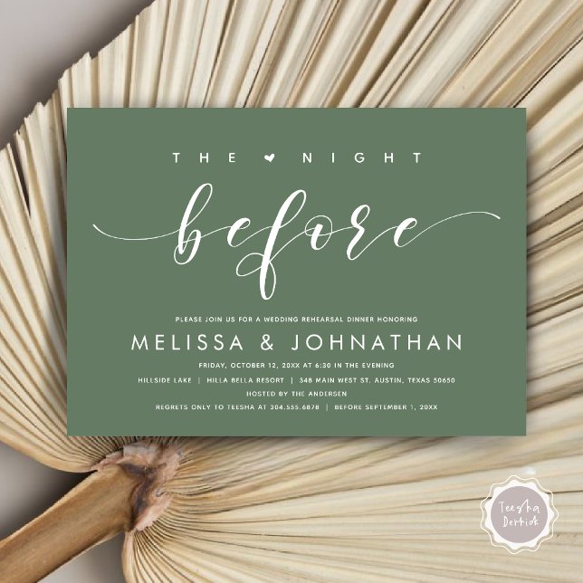 Vorabend, Modernes Hochzeitsessen Probe Einladung (The Night Before, Modern Wedding Rehearsal Dinner Invitation Card, PDF, in Forest Sage Green)