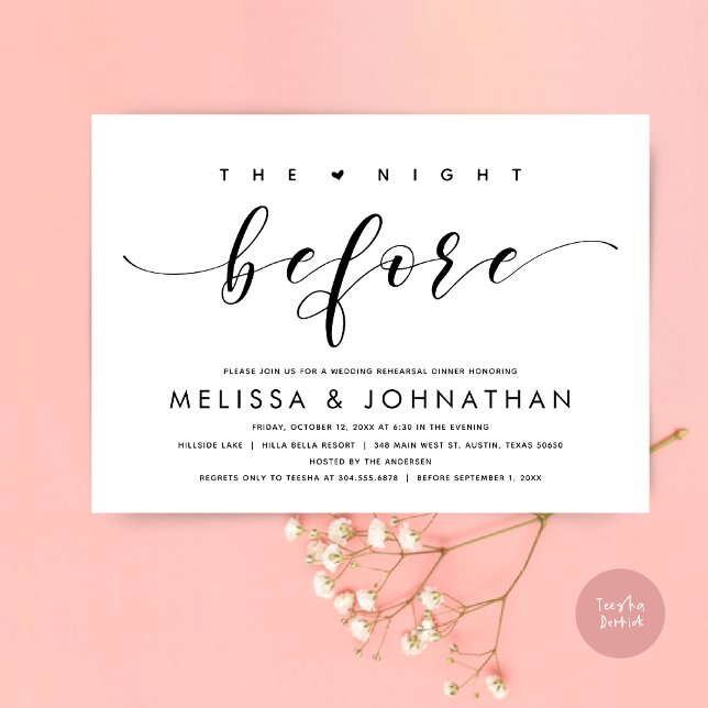 Vorabend, Modernes Hochzeitsessen Probe Einladung (The Night Before, Modern Wedding Rehearsal Dinner Invitation Card, PDF, in Black and White)