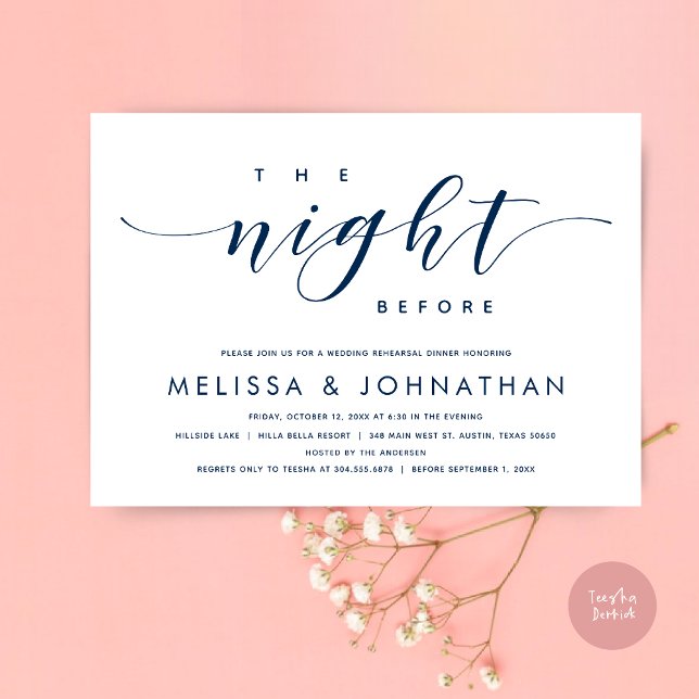 Vorabend, Modernes Hochzeitsessen Probe Einladung (The Night Before, Modern Wedding Rehearsal Dinner Invitation Card, PDF, in Classy Navy Blue)