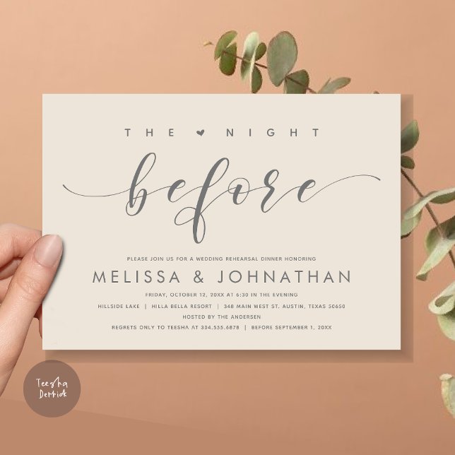 Vorabend, Modernes Hochzeitsessen Probe Einladung (The Night Before, Modern Wedding Rehearsal Dinner Invitation Card, PDF, in Cream Dark Grey)
