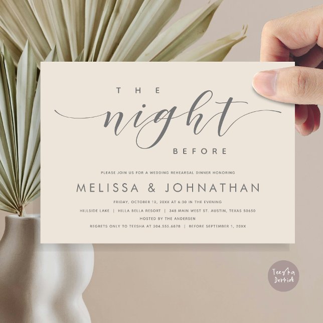 Vorabend, Modernes Hochzeitsessen Probe Einladung (The Night Before, Modern Wedding Rehearsal Dinner Invitation Card, PDF, in Cream Dark Grey)