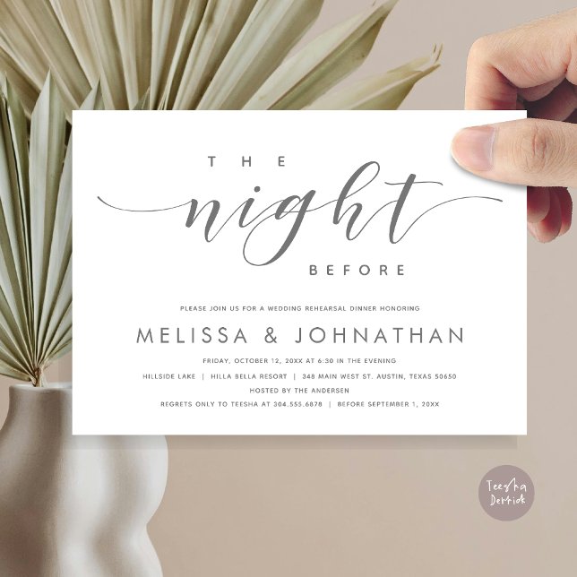 Vorabend, Modernes Hochzeitsessen Probe Einladung (The Night Before, Modern Wedding Rehearsal Dinner Invitation Card, PDF, in Dark Grey)