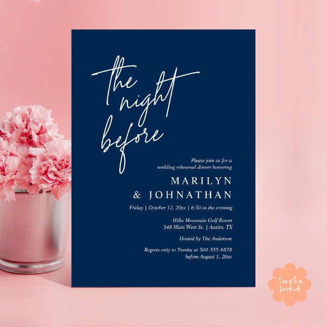 Vorabend, Modernes Hochzeitsessen Probe Einladung (The Night Before, Modern Wedding Rehearsal Dinner Invitation Card PDF in Classy Navy Blue)