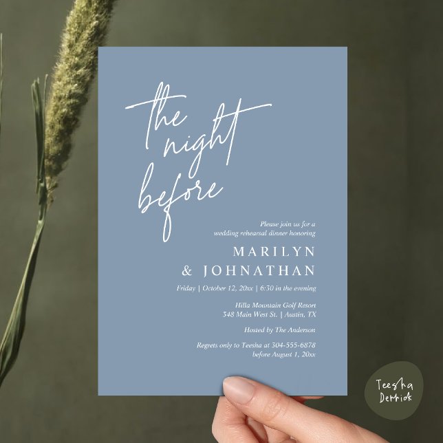 Vorabend, Modernes Hochzeitsessen Probe Einladung (The Night Before, Modern Wedding Rehearsal Dinner Invitation Card PDF in Classy Dusty Blue)