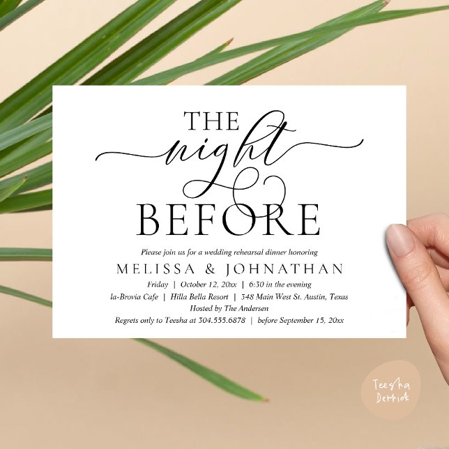 Vorabend, Modernes Hochzeitsessen Probe Einladung (The Night Before, Modern Wedding Rehearsal Dinner Party Invitation Card, PDF, Black white)