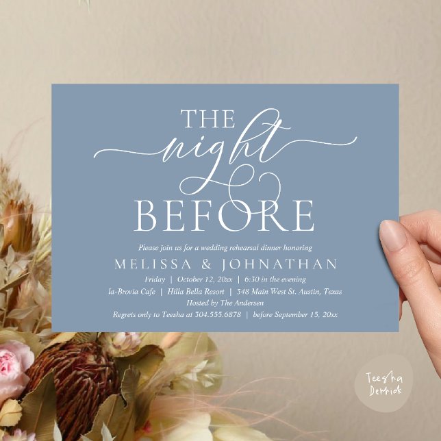 Vorabend, Modernes Hochzeitsessen Probe Einladung (The Night Before, Modern Wedding Rehearsal Dinner Party Invitation Card, PDF, Dusty Blue)
