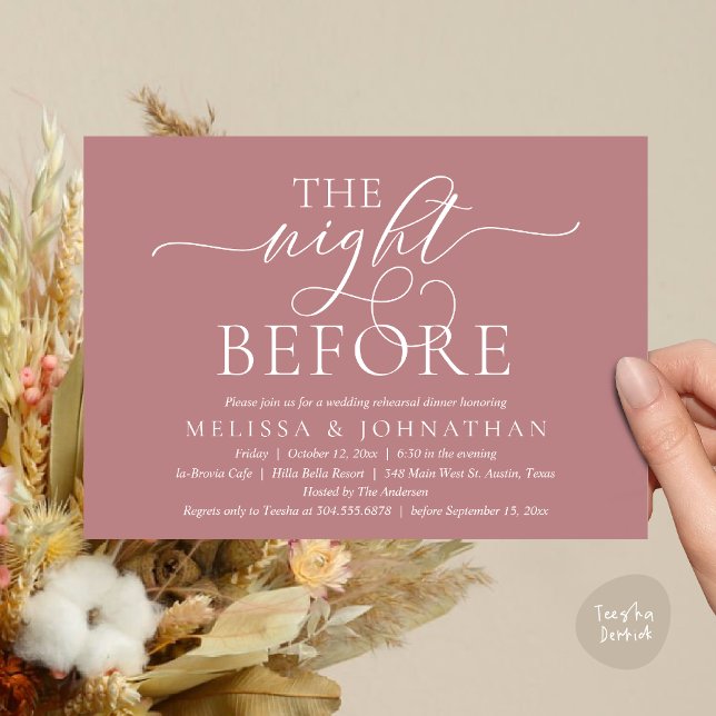 Vorabend, Modernes Hochzeitsessen Probe Einladung (The Night Before, Modern Wedding Rehearsal Dinner Party Invitation Card, PDF, Dusty Rose Pink)