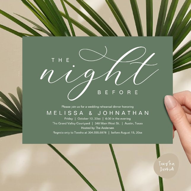 Vorabend, Modernes Hochzeitsessen Probe Einladung (The Night Before, Classy Modern Wedding Rehearsal Dinner Invitation Card PDF Rustic Sage Green)