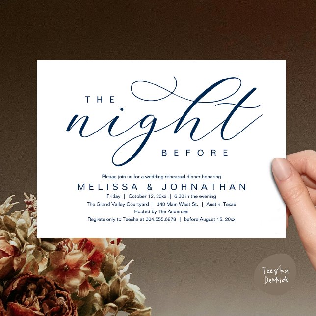 Vorabend, Modernes Hochzeitsessen Probe Einladung (The Night Before, Classy Modern Wedding Rehearsal Dinner Invitation Card PDF Navy Blue)