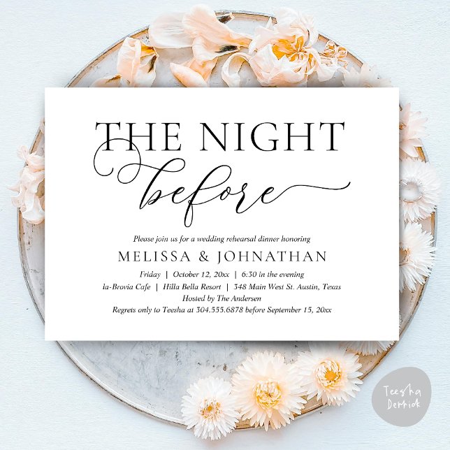 Vorabend, Modernes Hochzeitsessen Probe Einladung (The Night Before, Romantic Wedding Rehearsal Dinner Invitation Card, PDF, Black white)