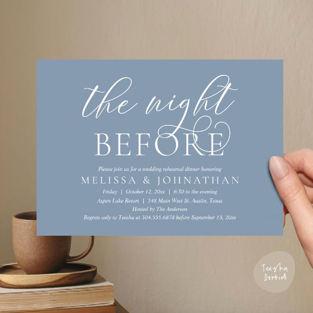 Vorabend, Modernes Hochzeitsessen Probe Einladung (The Night Before, Modern Wedding Rehearsal Dinner Invitation Card, PDF, Classy Elegant, Dusty Blue)