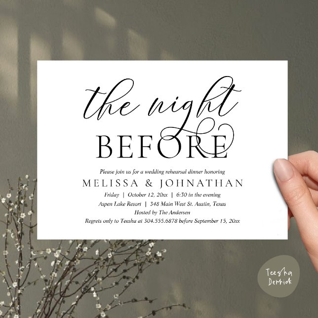 Vorabend, Modernes Hochzeitsessen Probe Einladung (The Night Before, Modern Wedding Rehearsal Dinner Invitation Card, PDF, Classy Elegant, White Black)