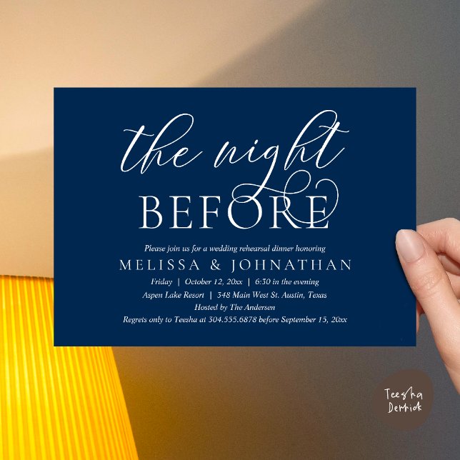 Vorabend, Modernes Hochzeitsessen Probe Einladung (The Night Before, Modern Wedding Rehearsal Dinner Invitation Card, PDF, Classy Elegant, Navy Blue)
