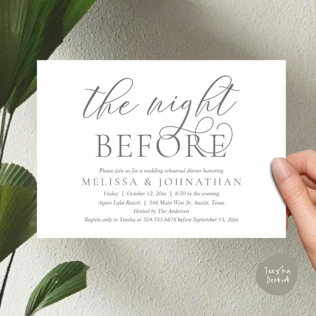 Vorabend, Modernes Hochzeitsessen Probe Einladung (The Night Before, Modern Wedding Rehearsal Dinner Invitation Card, PDF, Classy Elegant, Dark Grey)