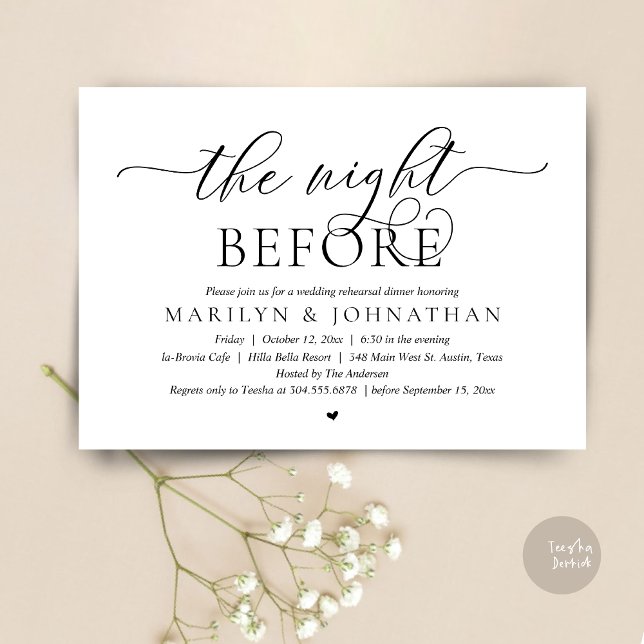 Vorabend, perfekte Hochzeitsfeier Probe Einladung (The Night Before, Perfect Wedding Rehearsal Dinner Modern Classy Invitation Card, PDF, Black White)